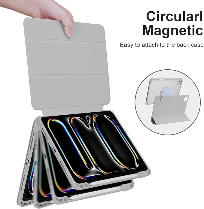 Case for iPad Pro 11 inch M5/M4 (2025/2024, 6th/5th Generation), Removable and Detachable Magnetic Cover with Pencil Holder, Vertical Adjustable Stand, Tri-Fold Multi-Angle, Gray