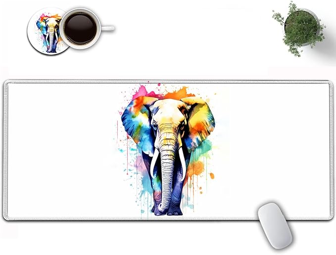 Large Mouse Pad, 31.5 x 11.8in Extended Gaming Mouse Pad with Stitched Edges, XXL Mousepad Protector Non Slip Rubber Base for Office and Home Writing Mat, Painted Elephants Pattern White Desk Mat