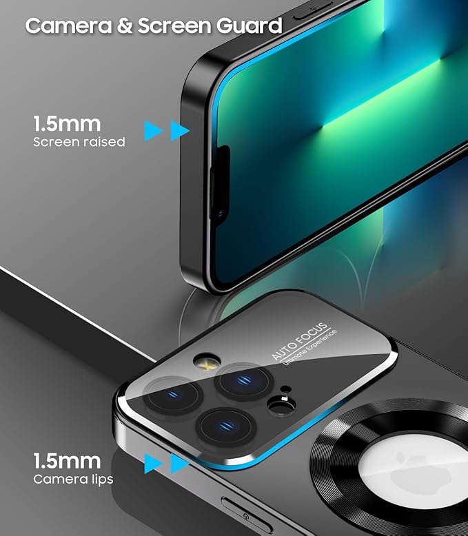 MAKAVO Magnetic for iPhone 13 Pro Max Case, Compatible with MagSafe, Built-in Camera Lens Protector, Logo View, Military Grade Drop Proof Phone Case Cover, Black
