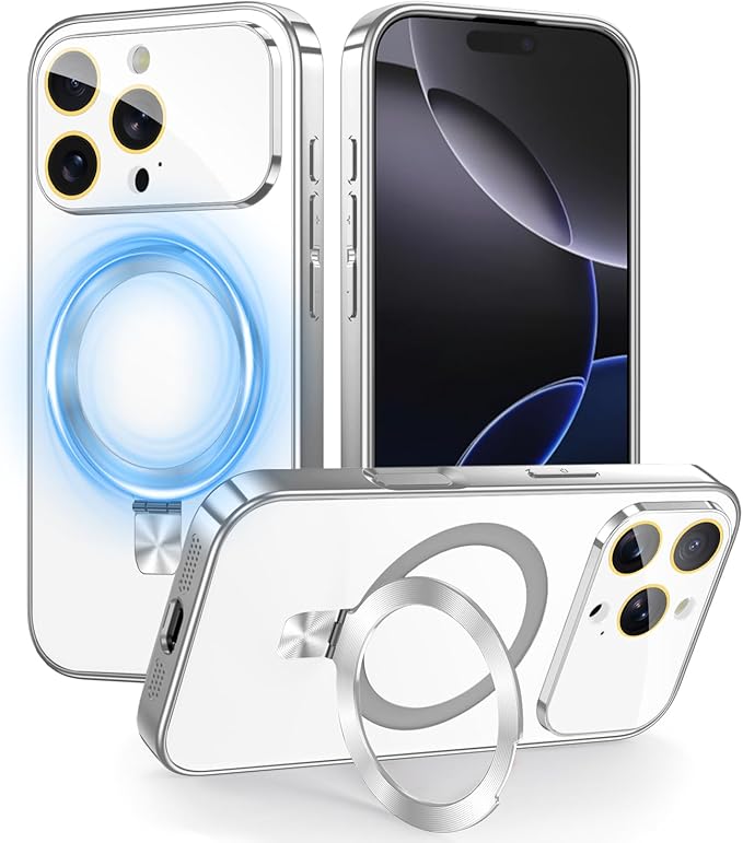 TOBOVON Magnetic for iPhone 16 Pro Max Case with Ring Stand, Fits MagSafe, with Built-in Camera Lens Protector, Slim Electroplated Shockproof Phone Cover, Silver