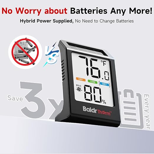 BaldrTherm Room Thermometer Indoor Humidity Meter, Solar-Powered 3.2'' Digital Temperature Sensor Monitor with 5-Comfort Indicator for Baby, Home, Office, Black, 1Pack