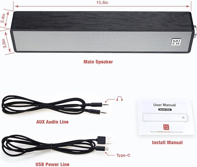 MICA Computer Speakers, Vintage Wired Computer Sound Bar, Retro Wooden Mini Soundbar, USB Powered PC Speakers for Desktop Monitor, Laptop, Tablet, 3.5mm Aux Connection, Angled (Gray)