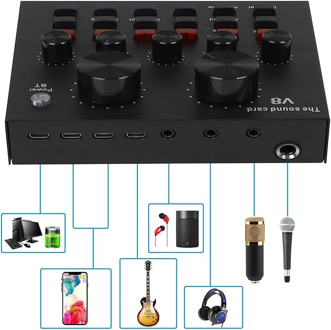 MorTime Condenser Microphone Bundle, Live Sound Card, Adjustable Boom Arm, Shock Mount, Metal Mic Pop Filter, Sponge Pop Filter Cover, Earphone, Audio Cables and Power Cable, Set of 11 Mic Kit
