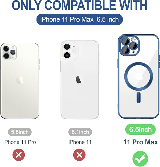 Hython Magnetic Clear for iPhone 11 Pro Max Case with Camera Lens Protector [Compatible with MagSafe] Plating Edge Slim Soft TPU Cover Protective Phone Case for iPhone 11 Pro Max, Matte Deep Blue