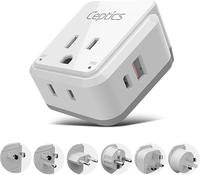 Ceptics World Power Plug Adapter Set, Dual USB & USB-C 3.1A, 20W with QC-PD, 2 USA Outlet Compact & Powerful, Use In Europe, Asia, Australia, Japan, Includes Type A, B, C, E/F, G, I SWadAPt Attachment