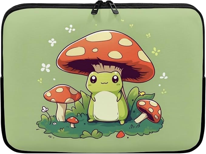 Cute Frog Laptop Protective Sleeve for Women Men 15 Inch Computer Sleeve Neoprene Laptop Bag Mushroom Lap Top Case Suitable for Travel School Office Organizers Green