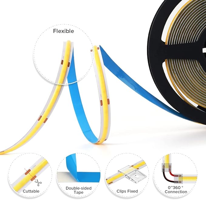 BTF-LIGHTING FCOB COB LED Strip Flexible High Density Uniform Light 8W/m 16.4FT DC12V Warm White 2700K CRI 90+ 8mm Width Dimmable LED Ribbon for Home Indoor Decor(No Adapter or Controller)