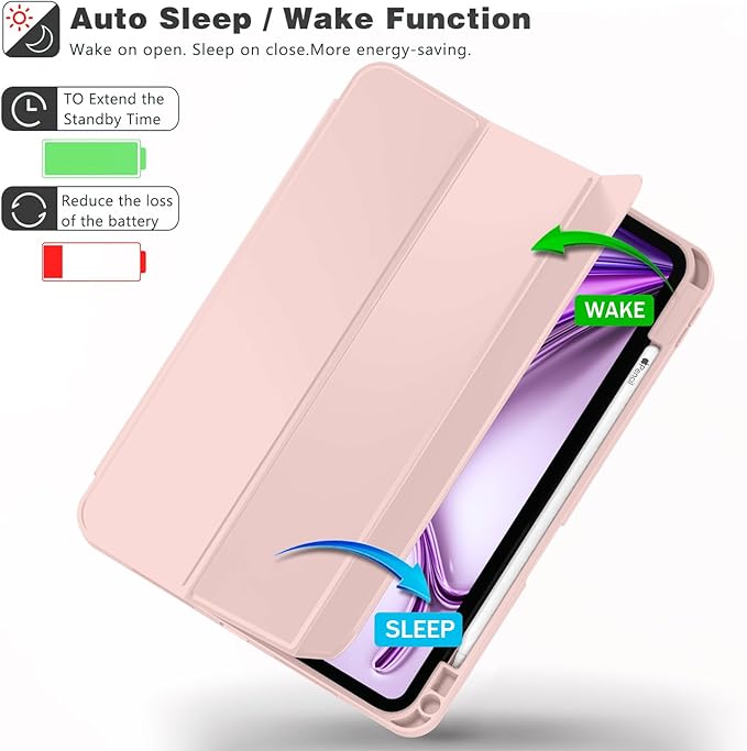 ZryXal New iPad Air 13 Inch Case M3 2025/M2 2024 with Pencil Holder, Trifold Stand Smart Case with Soft TPU Back,Auto Wake/Sleep(Rose Pink)