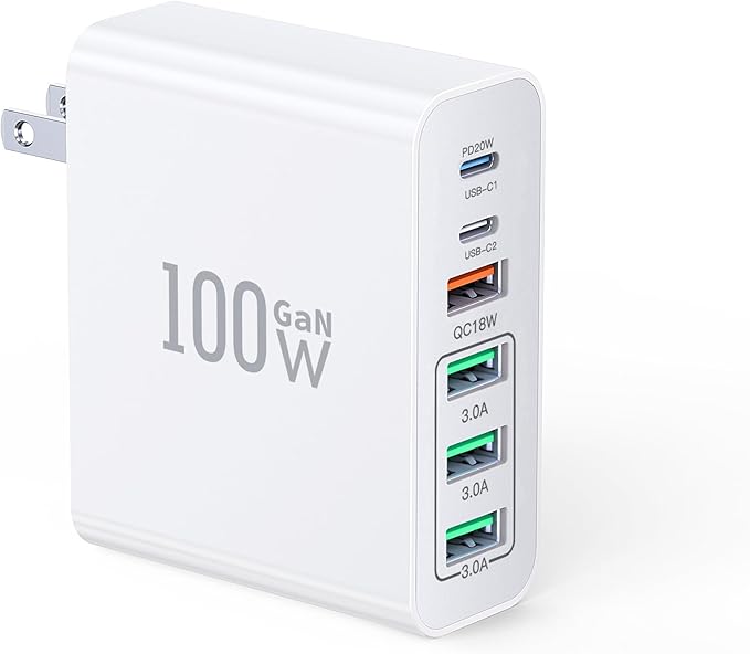 USB C Wall Charger Block,100W GaN 6-Port Fast Charging QC+PD3.0 Dual USB C Power Brick,Portable Multiport Power Adapter Type C Charging Station Hub for iPhone 17/16/15/14/13 Pro Max,iPad,Samsung