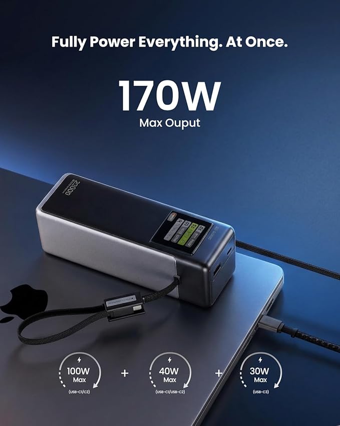 SHARGE Laptop Power Bank 25000mAh, HyperTower 170W Total Fast Charging Portable Charger, 100W USB-C Power Bank with Built-in Cables, High Capacity Travel Battery Pack for MacBook, iPhone17, Galaxy S26