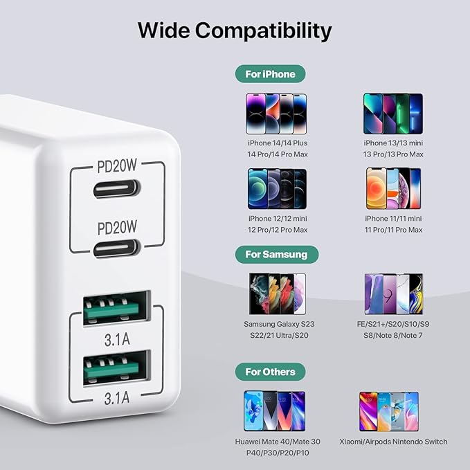 sccvee [2 Pack] USB C Wall Charger, 40W 4-Port USB C Charger Block,Fast Charging Block Dual Port PD+QC Wall Plug Multiport Type C Compatible with iPhone 14/13/12/11/Pro Max/XS/XR/8/smartphones/Tablet