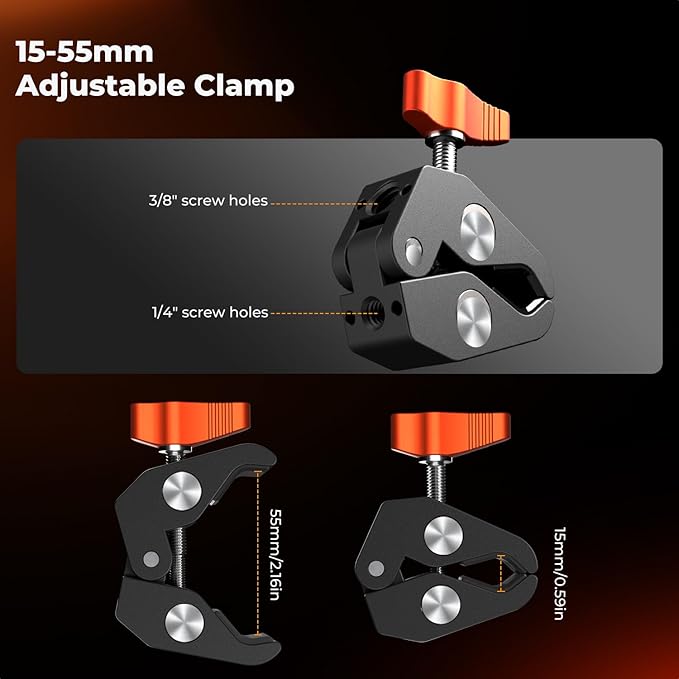 K&F CONCEPT 9.8" Magic Arm Clamp Kit with 1/4" & 3/8" Thread Screw 360° Ball Heads Articulating Magic Arm Camera Mount for Monitor, Flash, LED Light, Microphone, Camera Cage, Action Camera