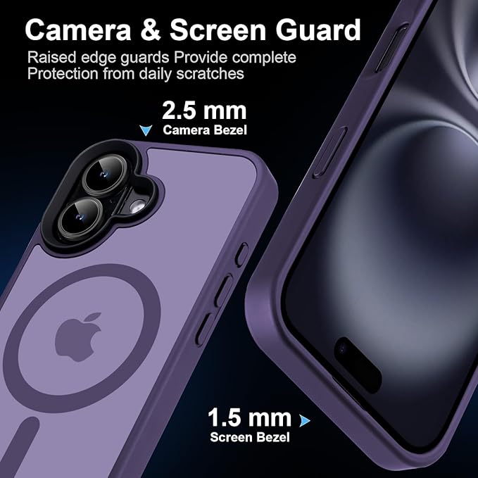 Strong Magnetic Case for iPhone 16 Case [16FT-Grade Drop Tested & Compatible with MagSafe] Translucent Anti-Fingerprint Shockproof Protective Cover 6.1 Inch, Deep Purple