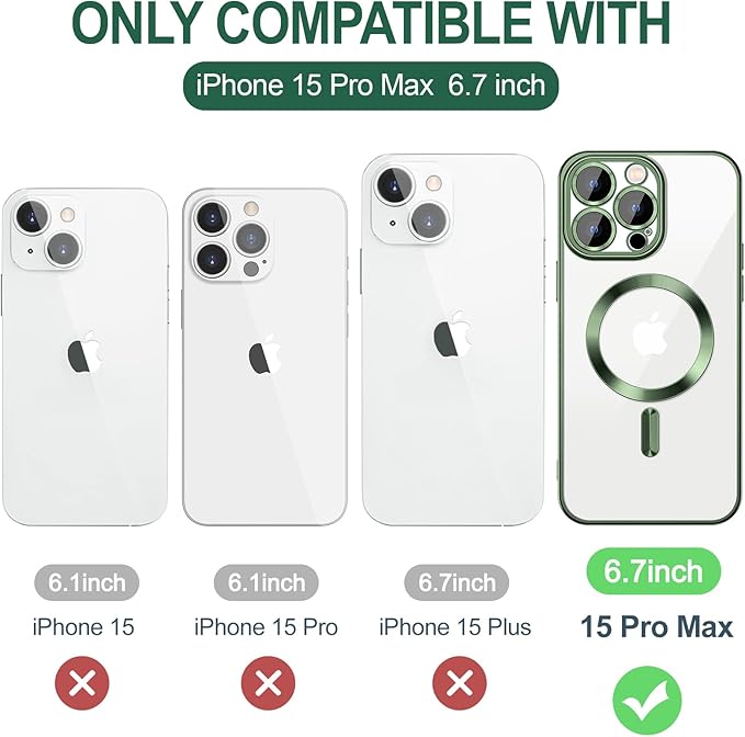 Hython Magnetic Clear for iPhone 15 Pro Max Case with Camera Lens Protector [Compatible with MagSafe] Plating Edge Slim Soft TPU Cover Protective Phone Case for iPhone 15 Pro Max 6.7", Deep Green