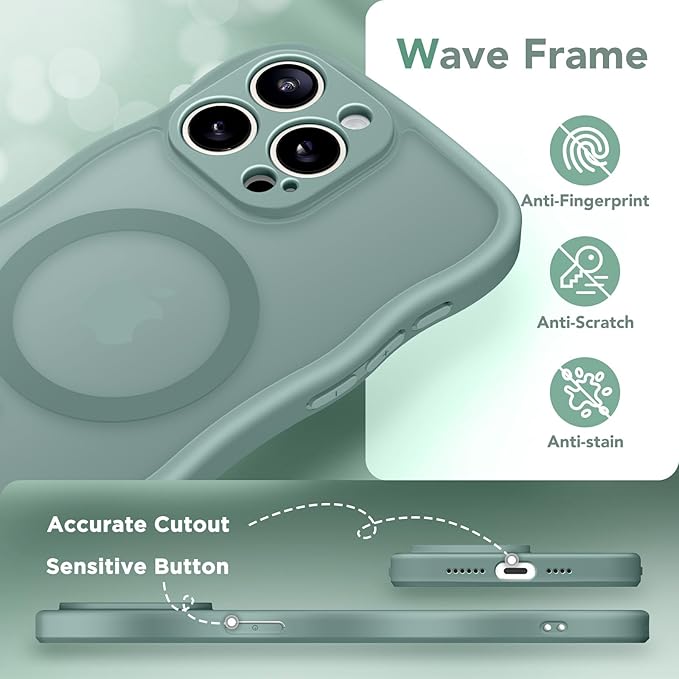 CAPRARO Cute for iPhone 15 Pro Max Case, Compatible with MagSafe, [Curly Wave Edge] [Full Camera Protection] [14 FT Drop Protection] Magnetic Phone Case for 15 Pro Max 6.7 Inch, Midnight Green