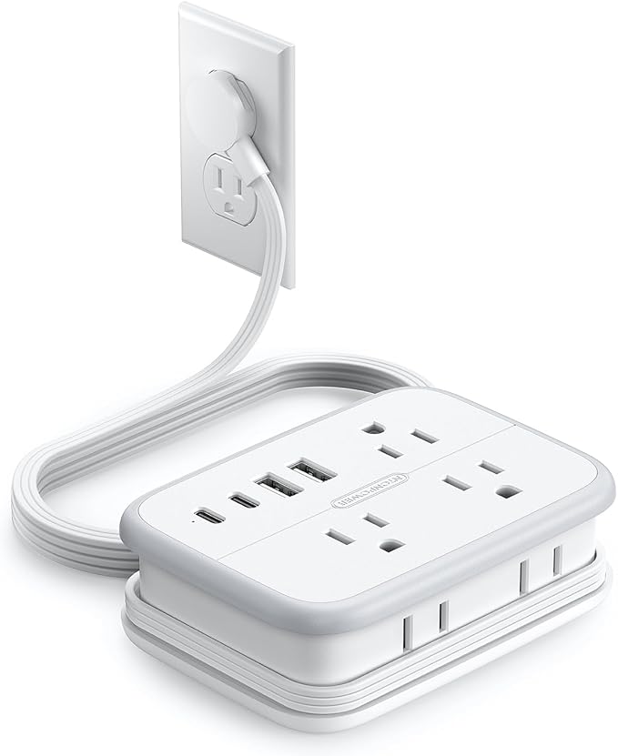 NTONPOWER 10 in 1 Travel Power Strip, 6 Outlets 4 USB Ports(2 USB C), 4ft Extension Cord Wrapped Around Small Power Strip, Compact for Travel, Hotel, Cruise Approved, White