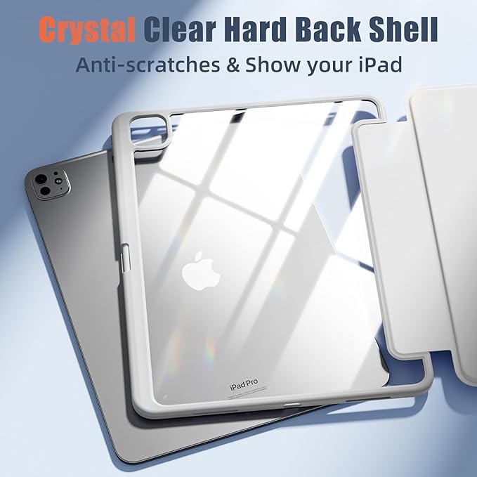 New Compatible with iPad Pro 13 inch Case M5 2025/M4 2024 with Built-in Pencil Holder, Kidopire for iPad Pro 13 Case with Hard Clear Back Shell, Support Pencil Pro, Auto Wake/Sleep, Light Gray