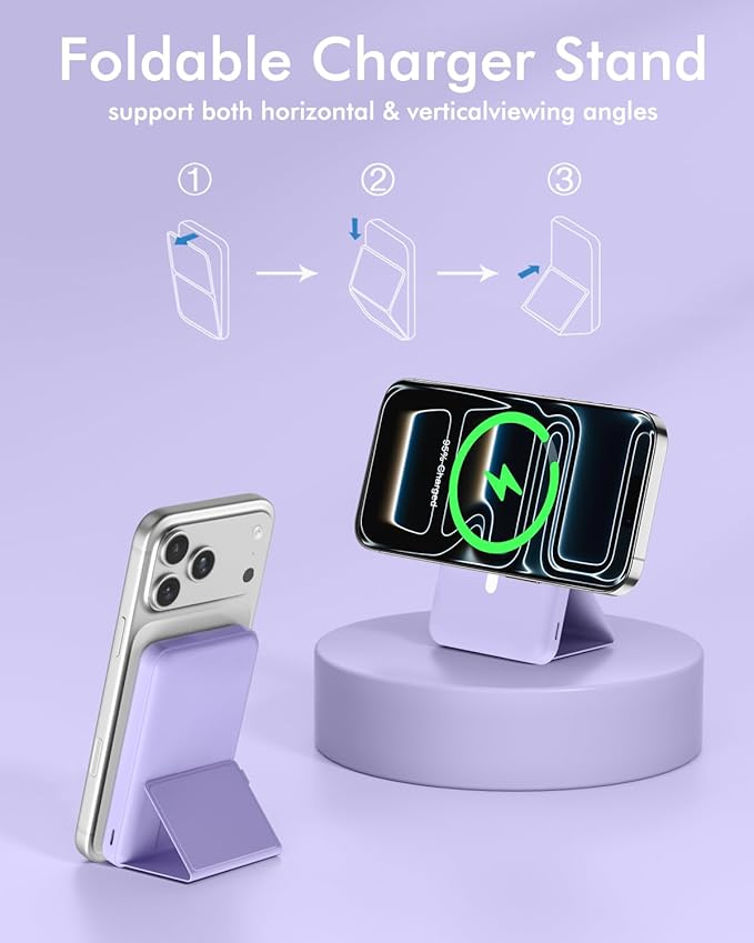 podoru for Magsafe Battery Pack, Foldable 10000mAh Magnetic Power Bank with USB-C Cable LED Display 22.5W PD Fast Charging Wireless Portable Charger for iPhone 17/16/15/14/13/12 Series-Light Purple