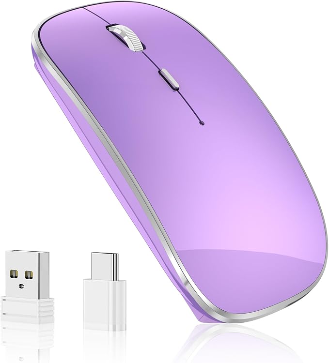 Halpilt Wireless Mouse Chargeable Portable Silent USB and Type-C Dual Mode Wireless Mouse 3 Adjustable DPI for Laptop, Mac, Android, PC (Q23S Black) (Purple)