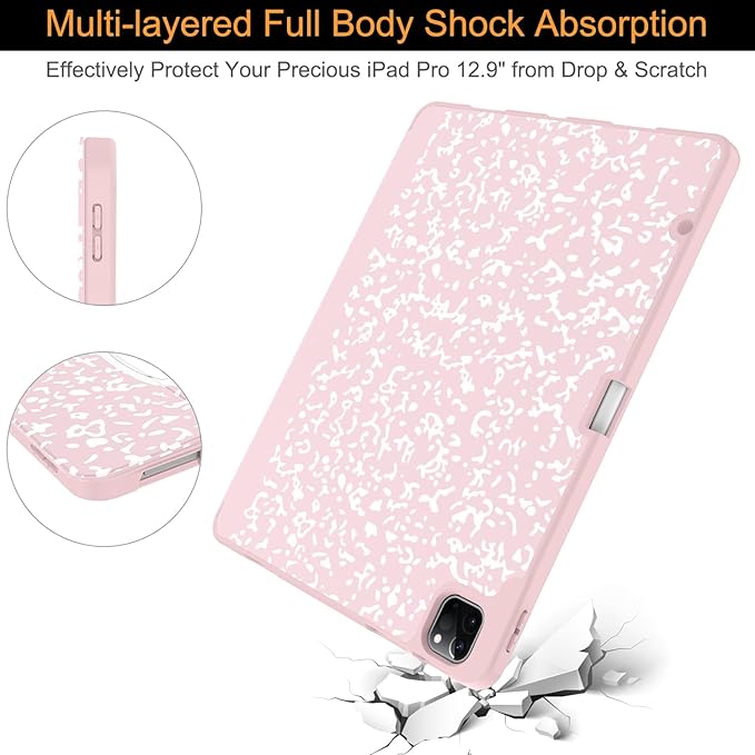 Soke Case for iPad Air 13 Inch (M4/M3/M2,2026-2024), iPad Pro 12.9" 6th/5th Generation with Pencil Holder(2021 2022 Release)-[Apple Pencil Charging + Auto Wake/Sleep] Soft Back Cover, Book Pink