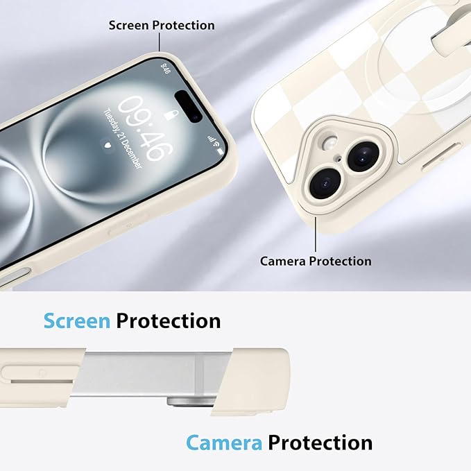 KANGHAR Compatible with iPhone 16 Case, Support for MagSafe, Silicone Checkered Cute Pattern, Wristband Kickstand Camera Protection Soft Slim Cover for Girls Women -White