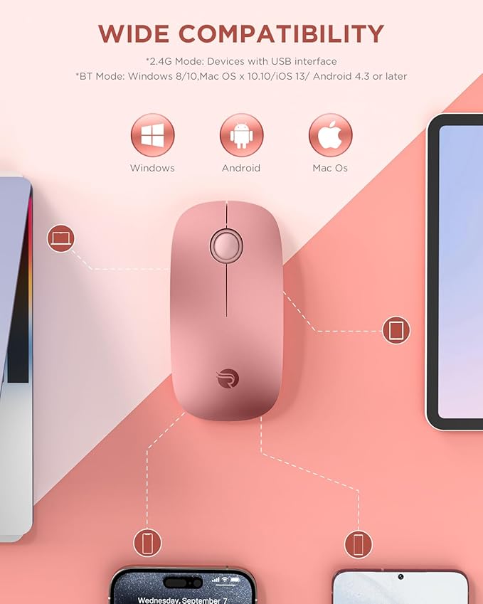 RAPIQUE Bluetooth Wireless Mouse - (BT5.1+USB) Dual Connectivity, Quiet Click, Low Power, and 1600 DPI, Portable Cordless Mouse for Mac, Laptop, MacBook Pro/Air, iPad (Rose Gold)
