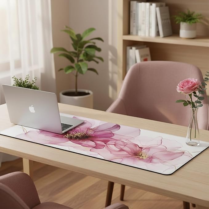 Pink Alcohol Ink Desk Mat (31.5 x 11.8 Inch), Large Abstract Floral Mouse Pad with Gold Accents, Elegant Magenta Fluid Art Design, Non-Slip Laptop Base, Modern Office Decor