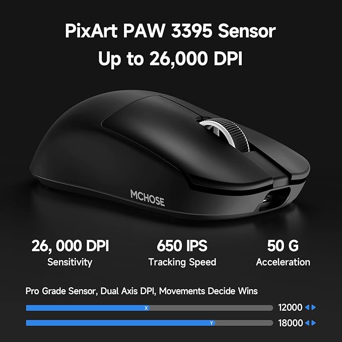 MCHOSE L7 Pro Wireless Gaming Mouse Super Light 39g, Gaming Mouse Esport with 26K DPI, Optical Switch, Programmable Buttons, Dual 8K Polling and PAW3395 Sensor, Tri-Mode Connection, PC/Mac - Black