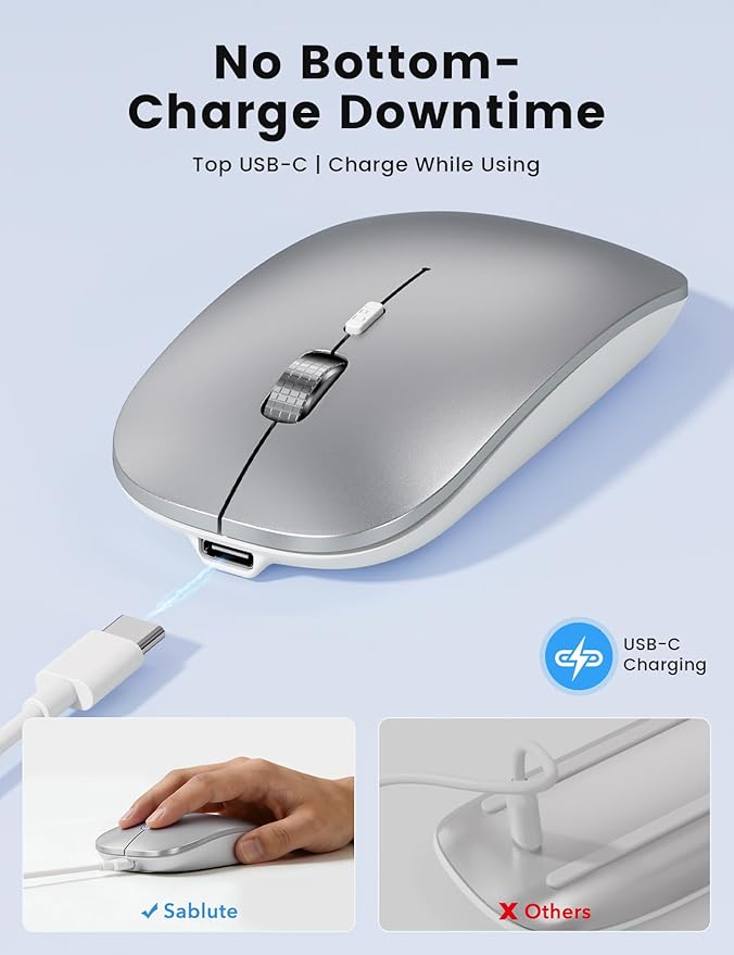 SABLUTE M31 Bluetooth Mouse for MacBook Pro/Air, iPad - Rechargeable Tri-Mode Wireless Mouse for 3 Devices (BT 5.2 + 2.4G), Sleek Silver Slim Silent Mouse for Surface, Windows