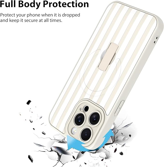 KANGHAR Compatible with iPhone 15 Pro Max Case, Support for MagSafe, Silicone Stripes Cute Pattern, Wristband Kickstand Camera Protection Soft Slim Cover for Girls Women -White