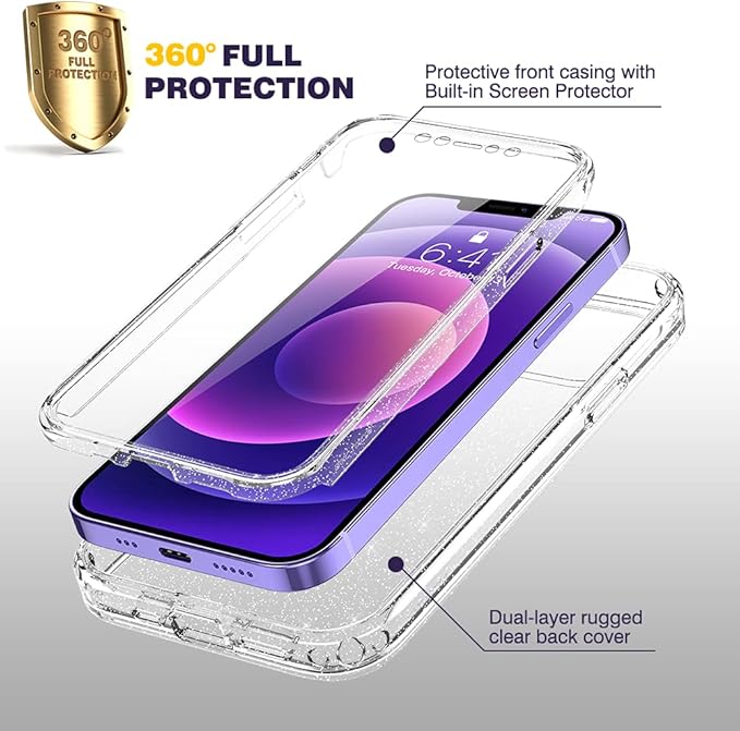 Diaclara Designed for iPhone 12 Mini Case, Full Body Rugged with Built-in Touch Sensitive Anti-Scratch Screen Protector, Soft TPU Bumper Case for iPhone 12 Mini 5.4" (Clear Glitter)