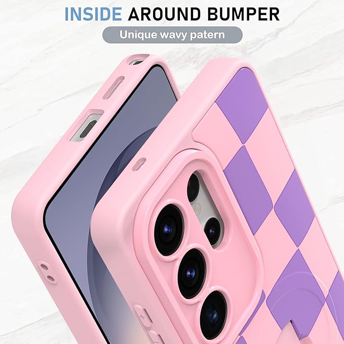 KANGHAR Compatible with Samsung Galaxy S26 Ultra Case, Support for MagSafe, Silicone Checkered Cute Pattern, Wristband Kickstand Camera Protection Soft Slim Cover for Girls Women -Pink