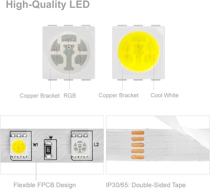 BTF-LIGHTING 5050 RGBW RGB+Cool White(6000K-7000K) 150RGB+150White LED Tape Light 5m 16.4ft 60LED/m Multi-Colored IP30 10mm Width FPCB DC12V for Bedroom Home Decoration(No Adapter or Controller)