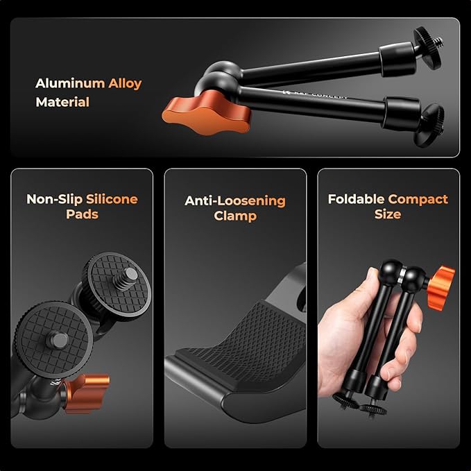 K&F CONCEPT 9.8" Magic Arm Clamp with Phone Holder, 360° Ball Heads Camera Arm Mount for Phone/LED Lights/Monitor/Flash/Microphone/DSLR Camera