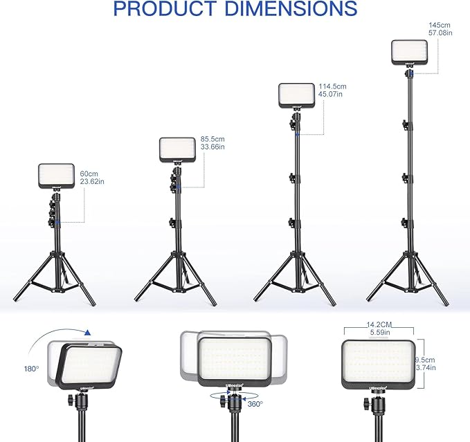 UBeesize LED Video Light Kit, 2Pcs Dimmable Continuous Portable Photography Lighting with Adjustable Tripod Stand & 5 Color Filters for Tabletop/Low-Angle Shooting, for Zoom, Game Streaming, YouTube