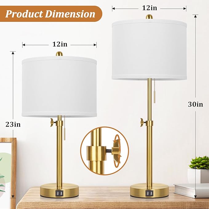Kondras Table Lamp Set of 2, Bedside Lamp with 2 USB Ports, Gold Tall Table Lamp for Living Room End Tables, 23" to 30" Height Adjustable Lamp for Bedroom, Farmhouse Table Lamps with Pull Chain, E26
