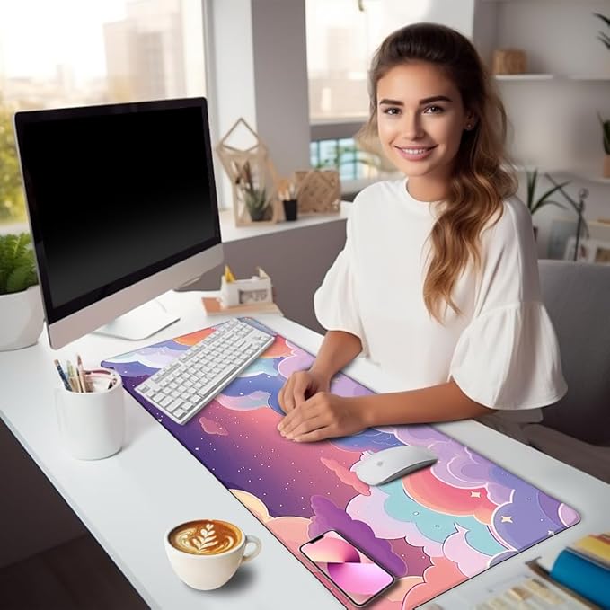 LIMKRIAN Purple Cloud Mouse Pad Large Desk Mat, Kawaii Purple Computer Mousepad with Stitched Edges Non-Slip, Keyboard Mouse Pad for Desktop Cute Office Supplies Desk Decor Accessories 31.5x11.8 in