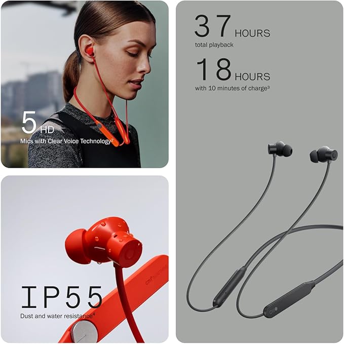 CMF BY NOTHING CMF Neckband Pro Bluetooth Headphones,50dB Hybrid Active Noise Cancelling Earbuds with 5 HD Mics,IP55 BT5.3 37Hours Long Play time Dual Device Connection Neckband Headphones-Dark Grey