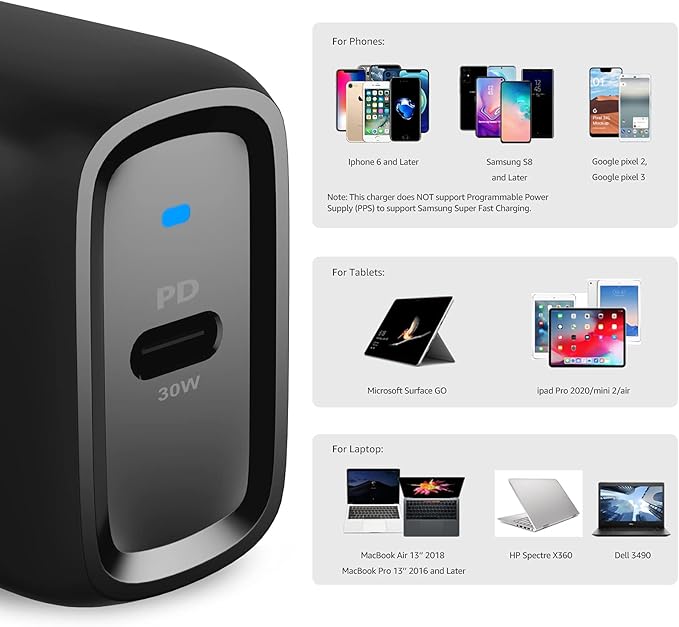 Amazon Basics 30W One-Port Foldable GaN USB-C Wall Charger with Power Delivery PD for Tablets & Phones (iPhone 16/15/14/13/12/11/X, iPad, Samsung, and More), Compact Travel Charger, Non-PPS, Black
