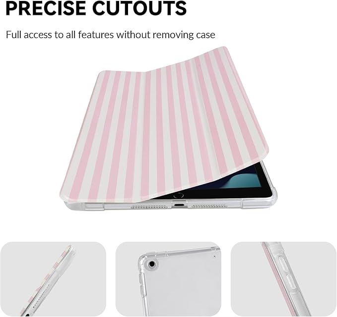 Lovmooful Compatible for iPad 9/8/7 (10.2-Inch,2021/2020/2019 Model,9th/8th/7th Generation) Case with Pencil Holder Cute Striped with Aesthetic Design Soft TPU Trifold Stand Protective-Pink&White