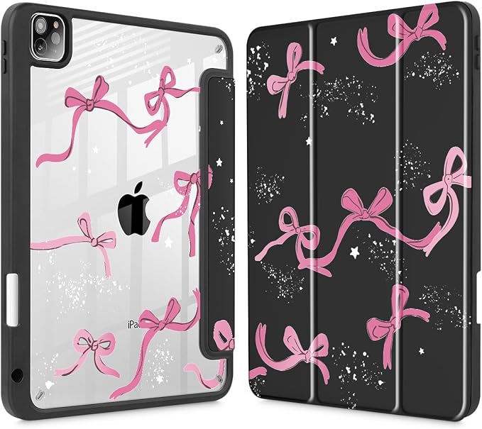 Tuiklol for iPad Pro 12.9 Inch 6th/5th/4th/3rd Generation 2022 2021 2020 2018 Case,Built-in Pencil Holder Clear Transparent Protective Back Shell Cover with Auto Sleep/Wake, Bow-Black