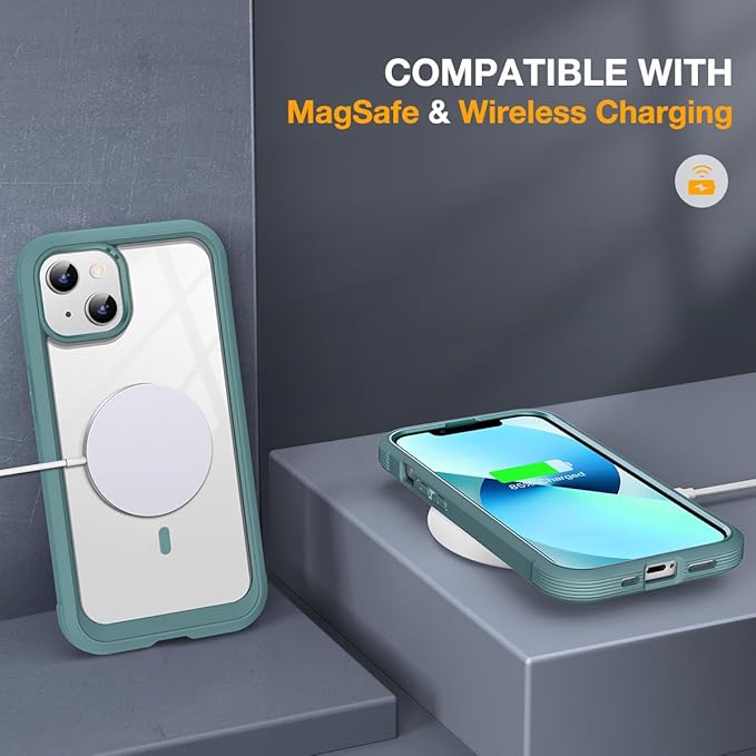 Miracase for iPhone 13 Case 6.1'',Full-Body Magnetic Clear Bumper Case with Built-in 9H Tempered Glass Screen Protector,Military Drop Protection Outdoor Phone Case,Teal