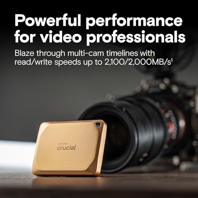 Crucial X10 Pro 4TB Portable SSD, Up to 2,100MB/s Read, 2000MB/s Write, USB 3.2 USB-C, External Solid State Drive, Durable Storage for Professional Creators, Gold - CT4000X10PROSSD9D02