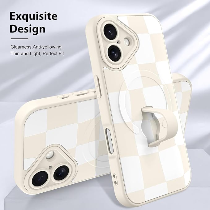 KANGHAR Compatible with iPhone 17 Case, Support for MagSafe, Silicone Checkered Cute Pattern, Wristband Kickstand Camera Protection Soft Slim Cover for Girls Women -White