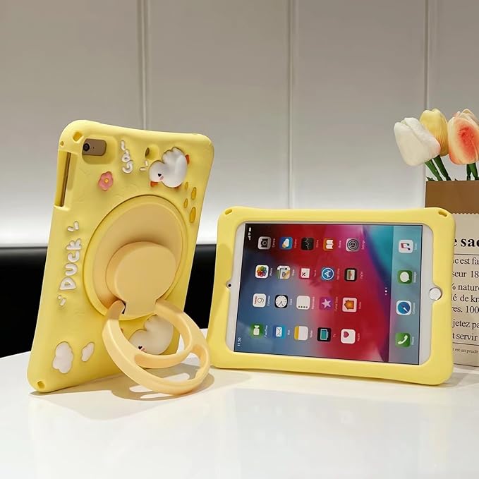 3D Cute Press Duck Case for iPad 10th Generation (2022) 10.9 inch/iPad (A16) 11th 2025 11 inch,Cartoon Character Duck Soft Silicone Rotating Stand Case with Lanyard for Kids Teens Girls Women