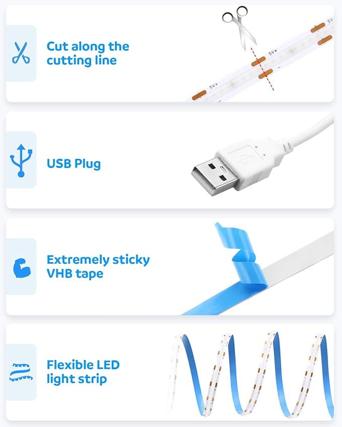 Aclorol COB LED Strip Light 1M 5V Flexible Blue LED Strip Lights for Bedroom with 1M USB Powered Cable Not Dimmable for Kitchen Cabinet Gaming Room Indoor DIY Decoration 320LEDs/M CRI85+