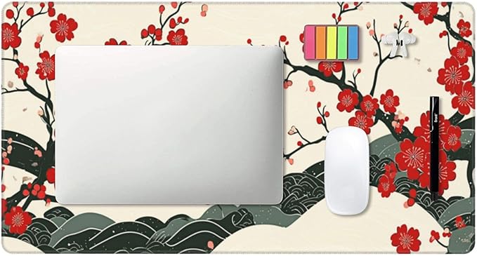 AQQA Japanese Desk Mat, Cherry Blossom Waves Large Gaming Mouse Pad, XL Anime Gaming Keyboard Mat Non-Slip Rubber Base Mousepad Desk Decor for Women Home Office, 31.5”x15.7”