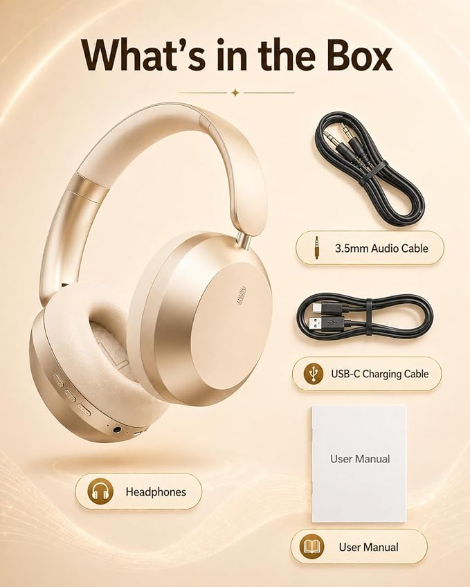 Wentronic Y05 Active Noise Cancelling Over Ear Headphones, Bluetooth 5.3 Wireless Headphones with Mic, 48H Playtime, USB-C Fast Charging, Hi-Res Audio, Starlight