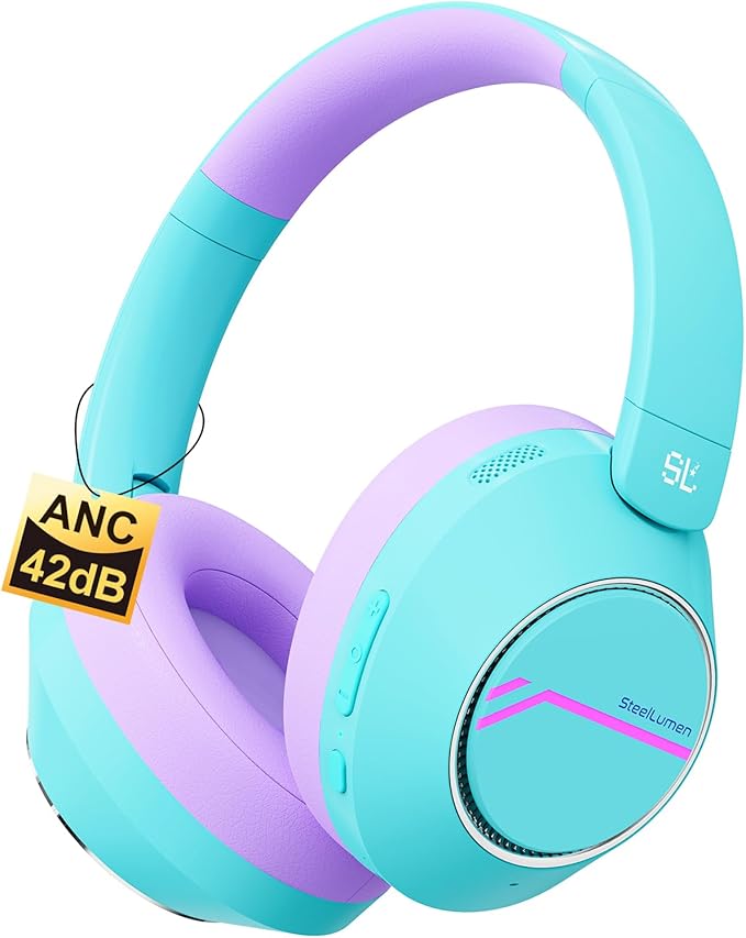 Steellumen Nova1Pro Active Noise Cancelling Headphones for Kids, 3-Level Safe Volume 75/85/94dB, ANC Safe Wireless Listen, Fast Charging, Bluetooth 5.4 with Mic, boy Girl for School, Travel & Airplane