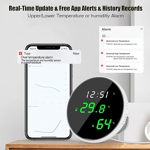 WiFi Thermometer Hygrometer: Digital Indoor Temperature Humidity Sensor with LED Backlit Display, App Notification Alert, Free Data Storage Export, Smart Temperature Monitor Compatible with Alexa